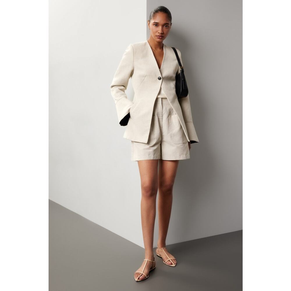 Co Beige Wool Hemp Blend Peplum Bell Sleeves One Button Blazer Jacket Size Small
